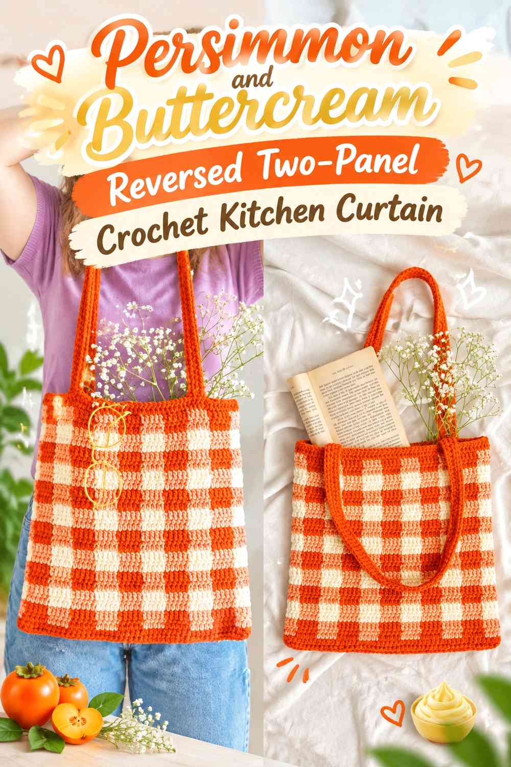 Persimmon and Buttercream Reversed Two-Panel Crochet Kitchen Curtain