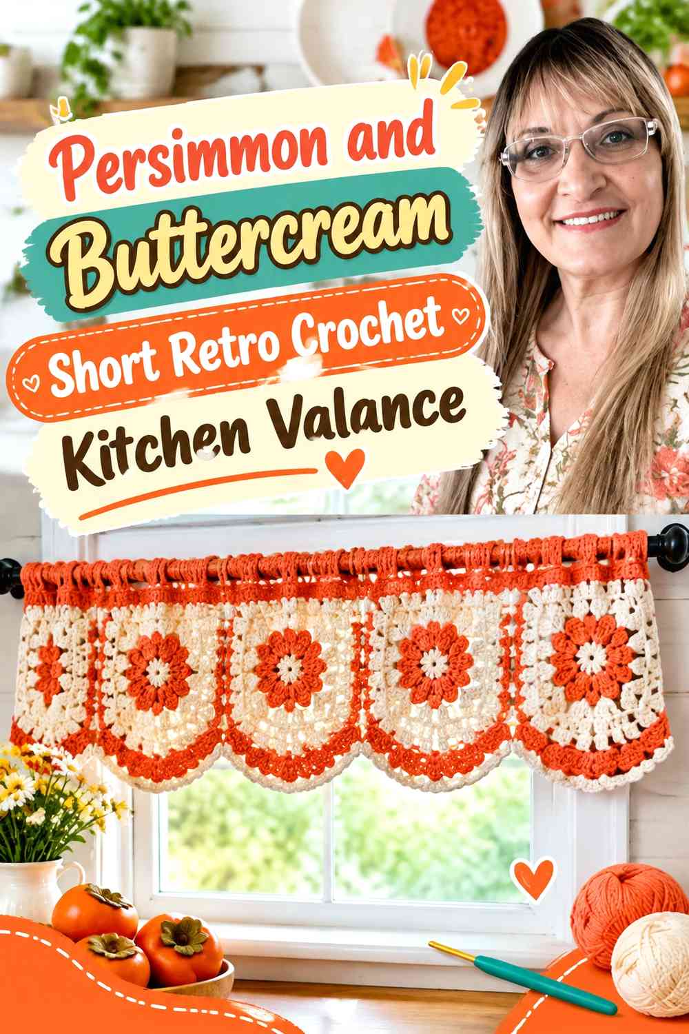 Persimmon and Buttercream Short Retro Crochet Kitchen Valance