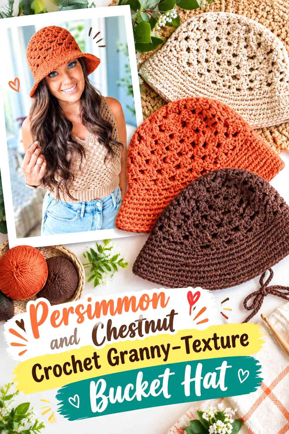 Persimmon and Chestnut Crochet Granny-Texture Bucket Hat