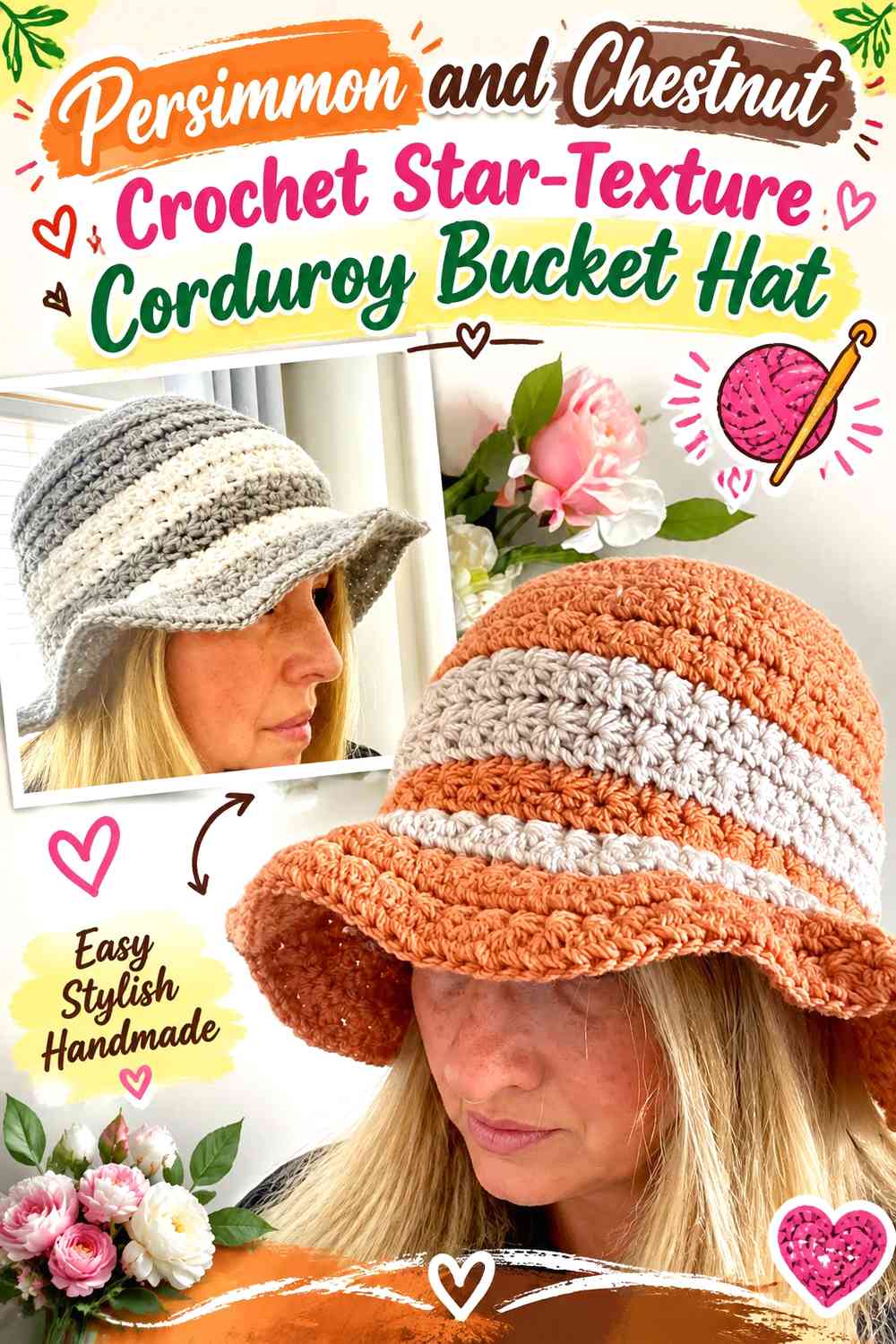 Persimmon and Chestnut Crochet Star-Texture Corduroy Bucket Hat