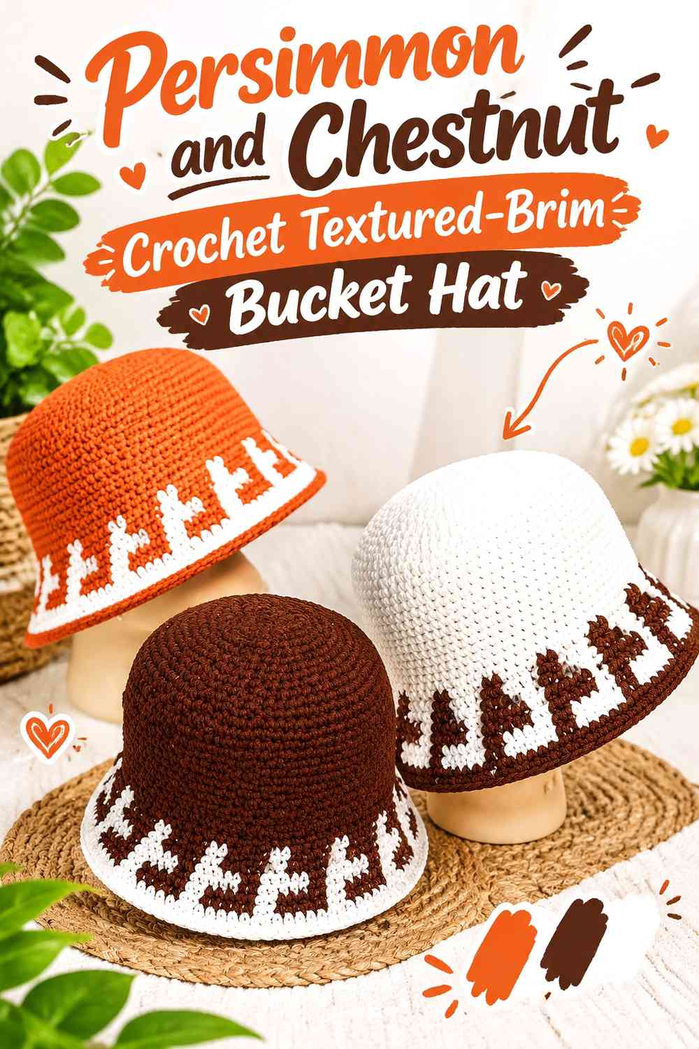 Persimmon and Chestnut Crochet Textured-Brim Bucket Hat