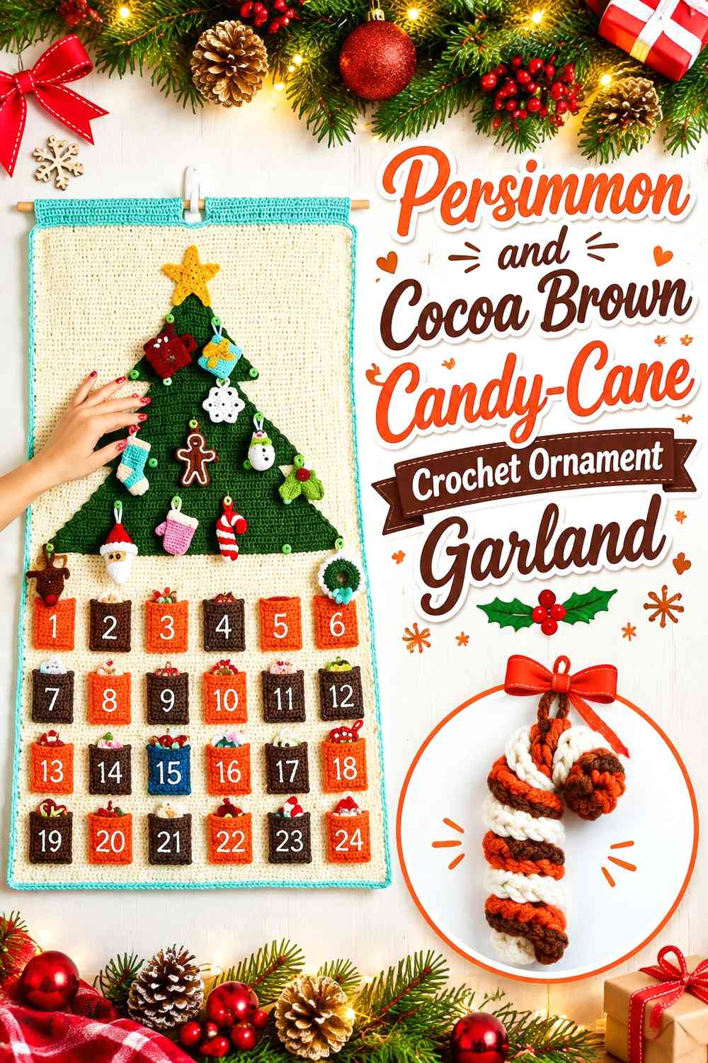 Persimmon and Cocoa Brown Candy-Cane Crochet Ornament Garland