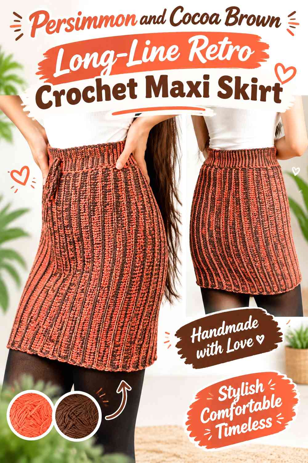 Persimmon and Cocoa Brown Long-Line Retro Crochet Maxi Skirt