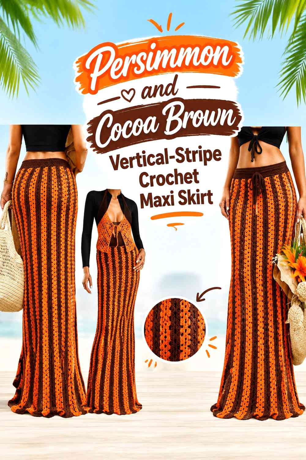 Persimmon and Cocoa Brown Vertical-Stripe Crochet Maxi Skirt