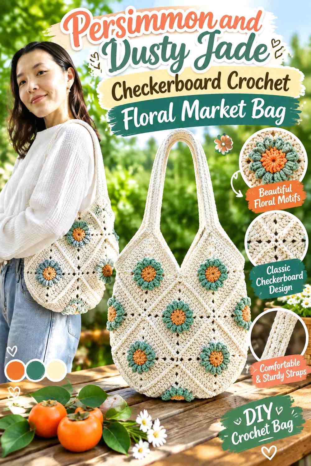 Persimmon and Dusty Jade Checkerboard Crochet Floral Market Bag