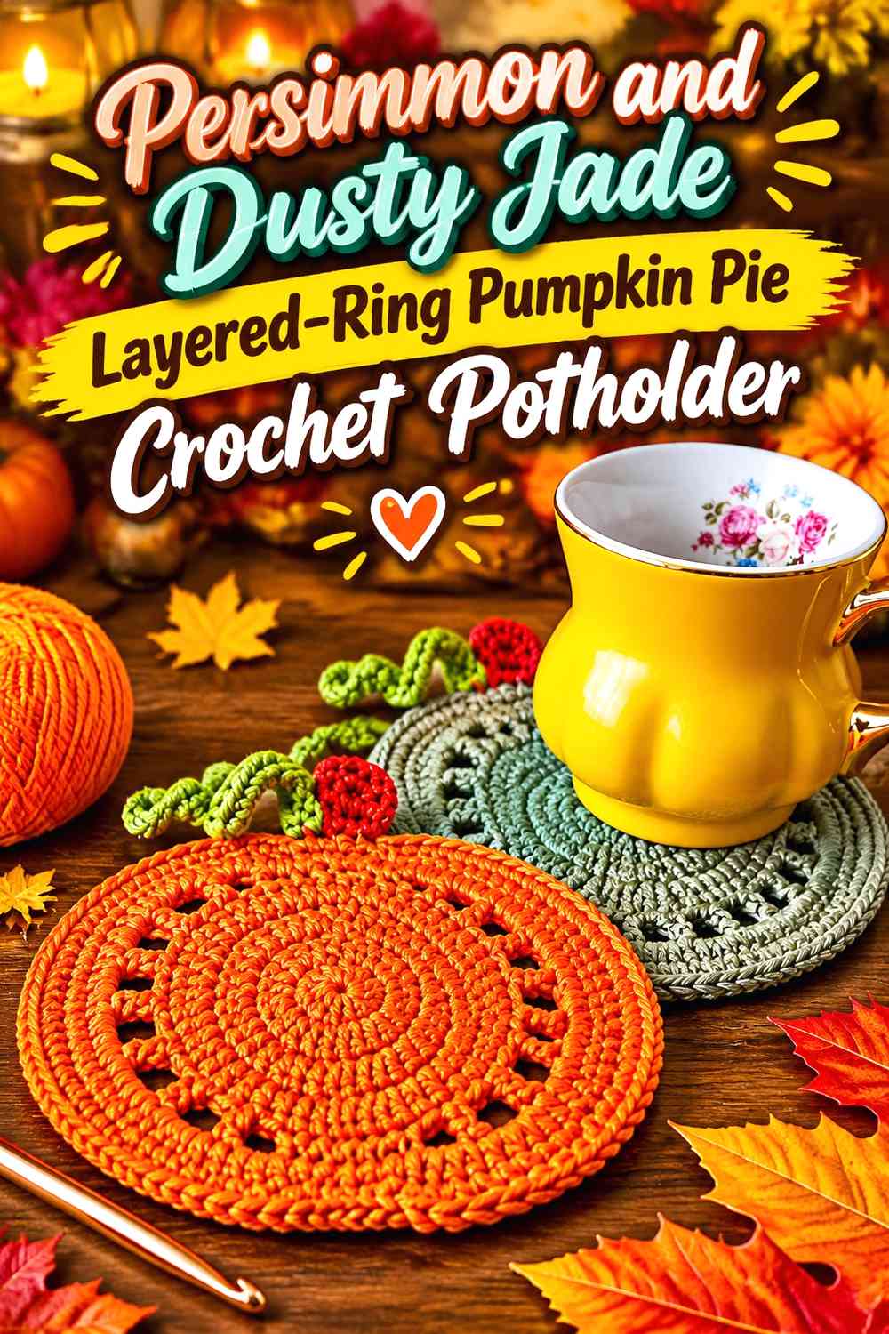 Persimmon and Dusty Jade Layered-Ring Pumpkin Pie Crochet Potholder