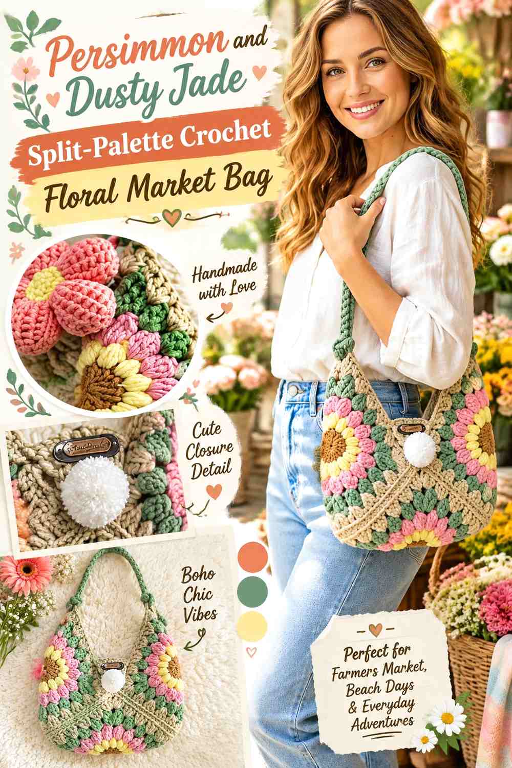 Persimmon and Dusty Jade Split-Palette Crochet Floral Market Bag
