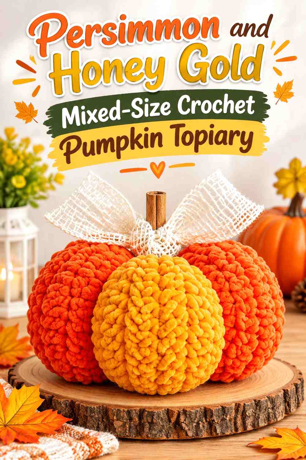 Persimmon and Honey Gold Mixed-Size Crochet Pumpkin Topiary