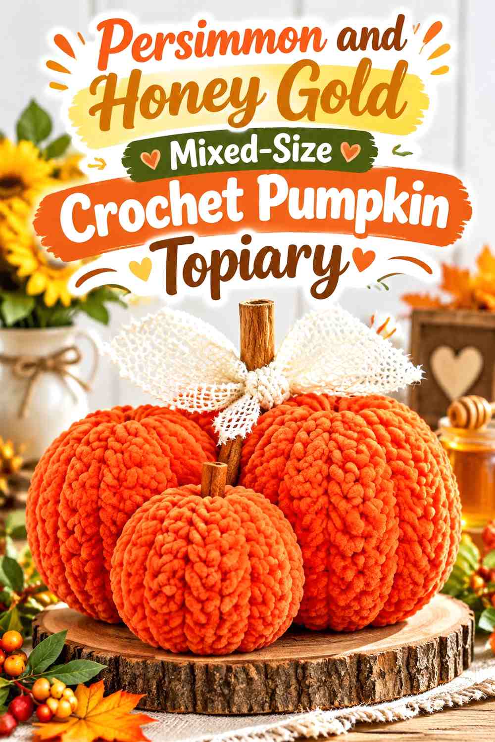 Persimmon and Honey Gold Mixed-Size Crochet Pumpkin Topiary