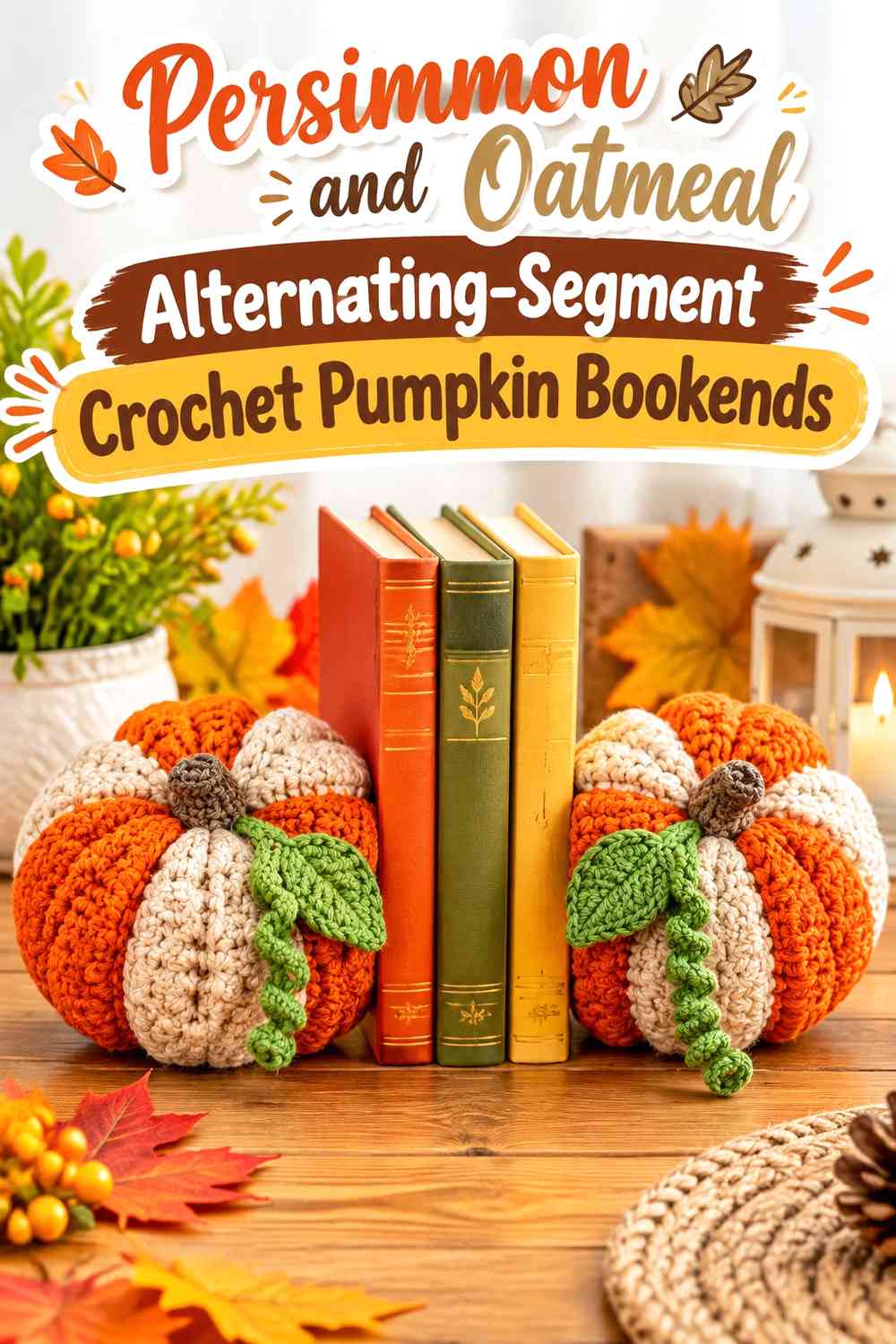 Persimmon and Oatmeal Alternating-Segment Crochet Pumpkin Bookends