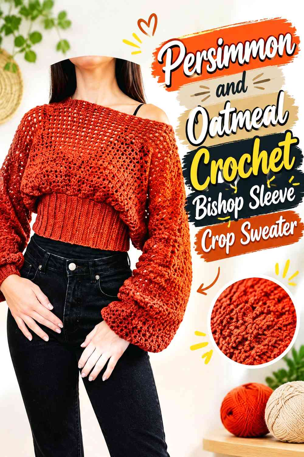 Persimmon and Oatmeal Crochet Bishop Sleeve Crop Sweater