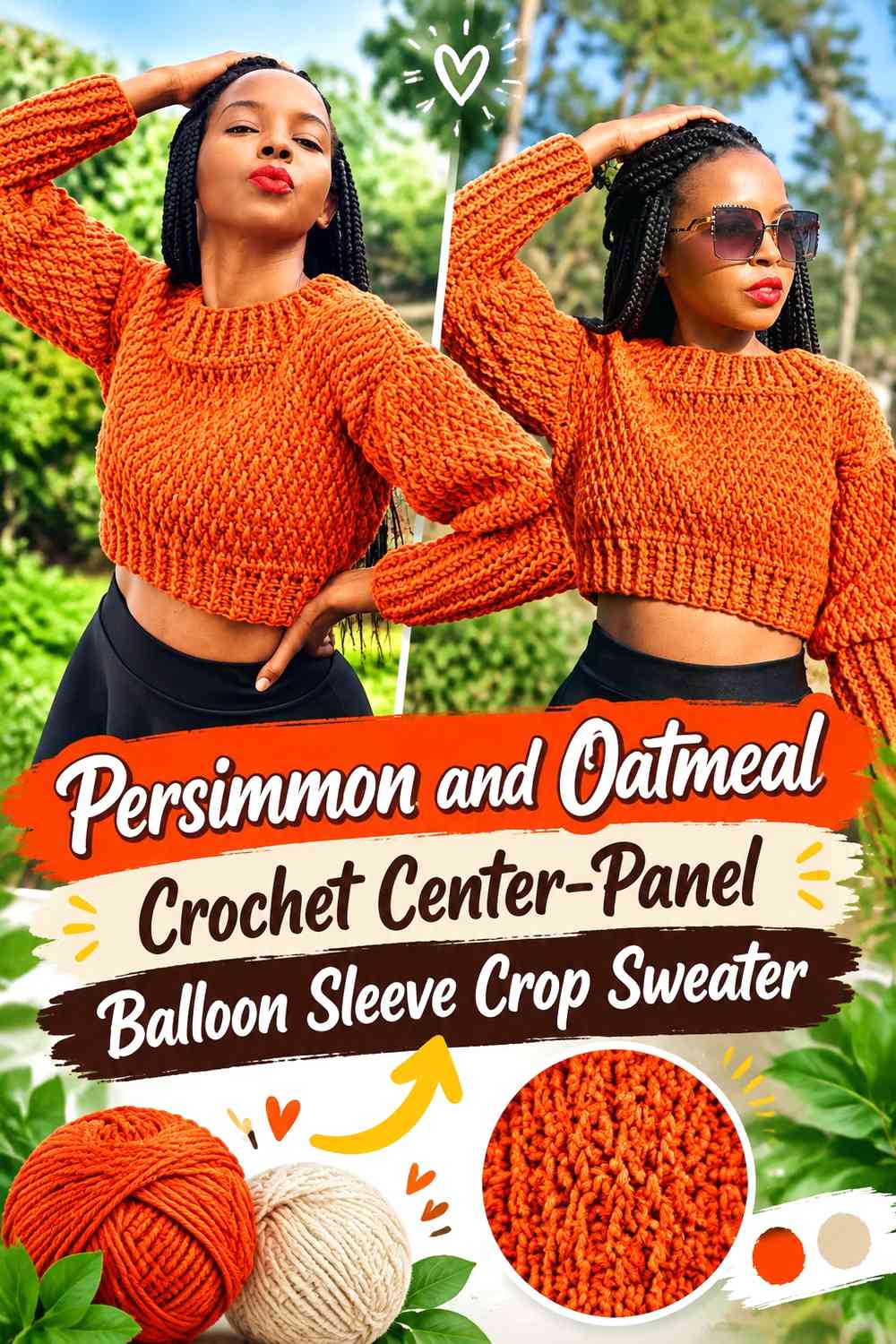 Persimmon and Oatmeal Crochet Center-Panel Balloon Sleeve Crop Sweater