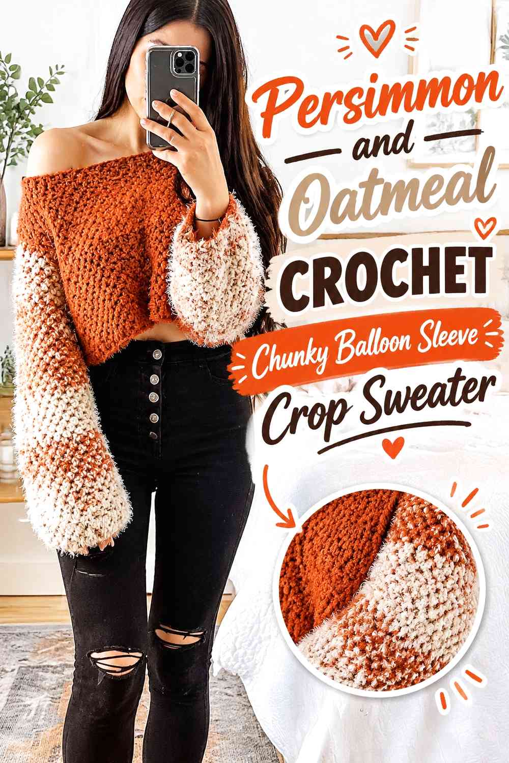 Persimmon and Oatmeal Crochet Chunky Balloon Sleeve Crop Sweater