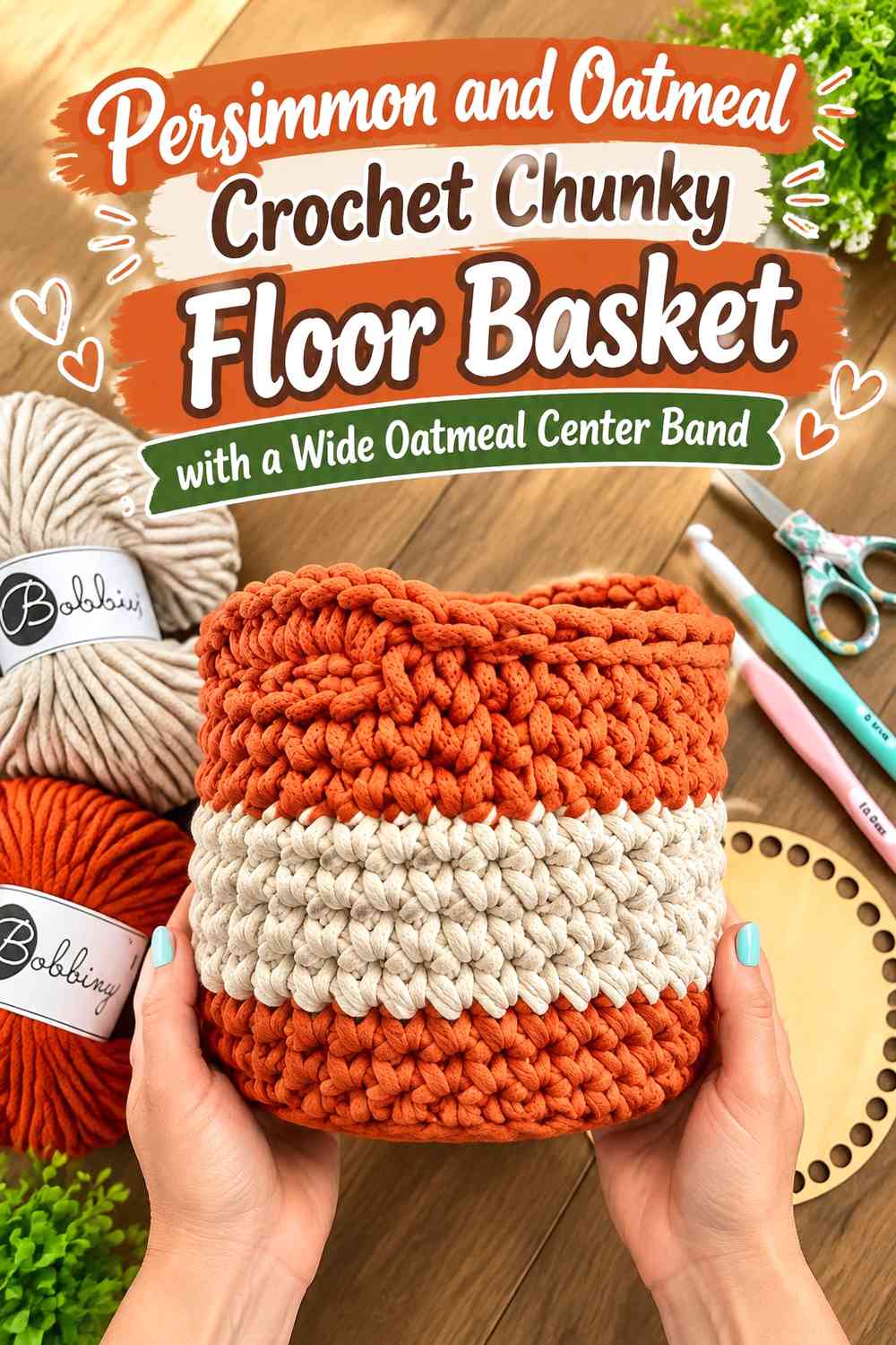 Persimmon and Oatmeal Crochet Chunky Floor Basket with a Wide Oatmeal Center Band