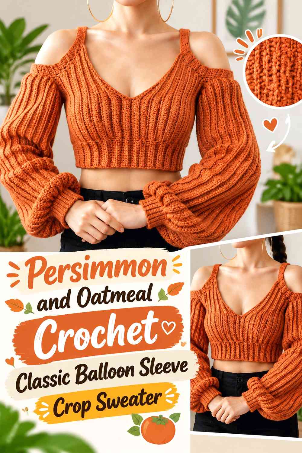 Persimmon and Oatmeal Crochet Classic Balloon Sleeve Crop Sweater