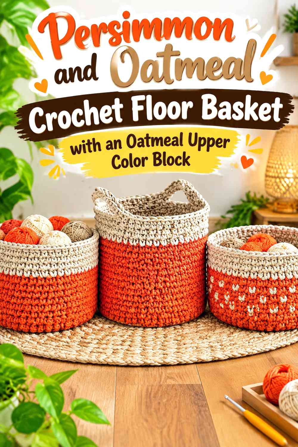 Persimmon and Oatmeal Crochet Floor Basket with an Oatmeal Upper Color Block