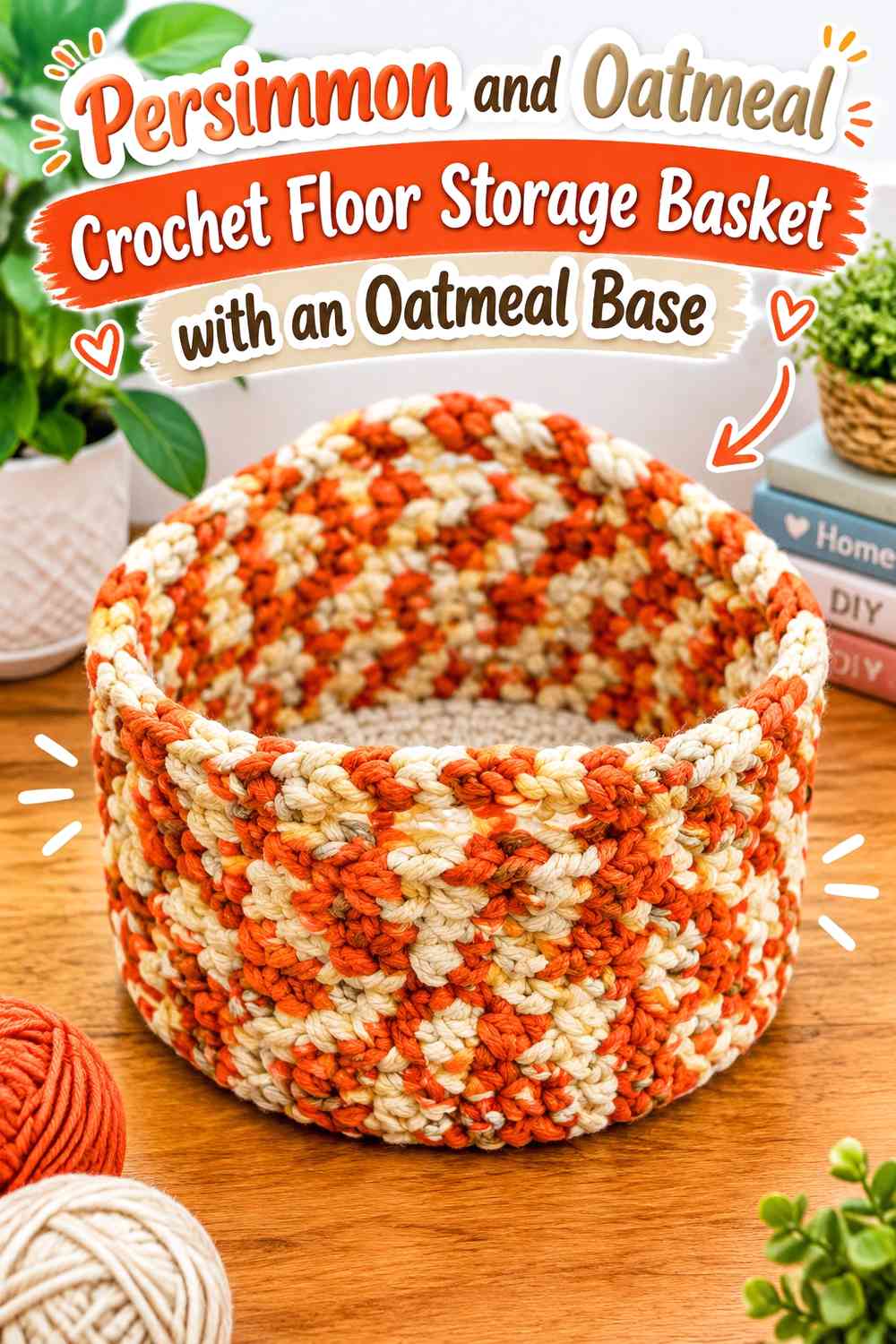 Persimmon and Oatmeal Crochet Floor Storage Basket with an Oatmeal Base