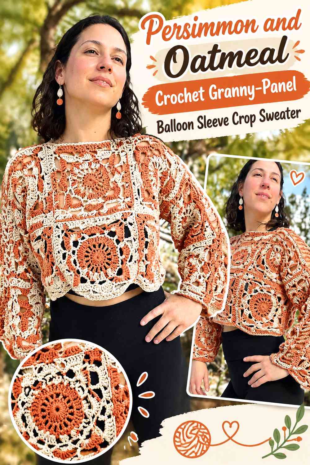 Persimmon and Oatmeal Crochet Granny-Panel Balloon Sleeve Crop Sweater