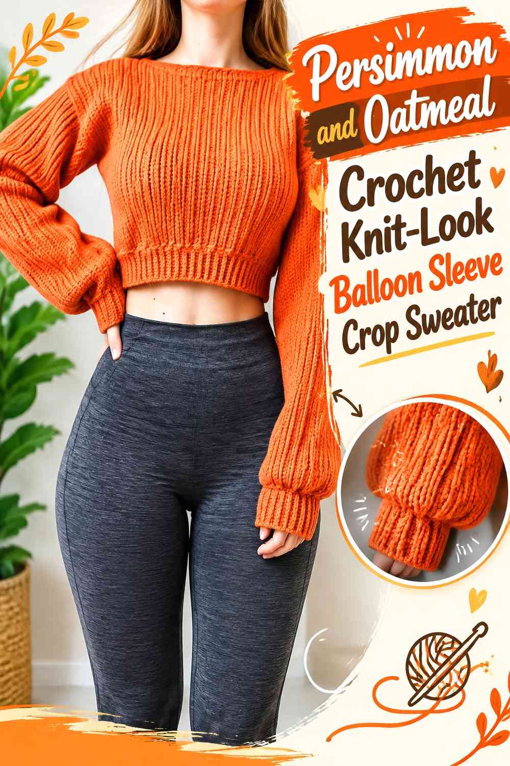Persimmon and Oatmeal Crochet Knit-Look Balloon Sleeve Crop Sweater