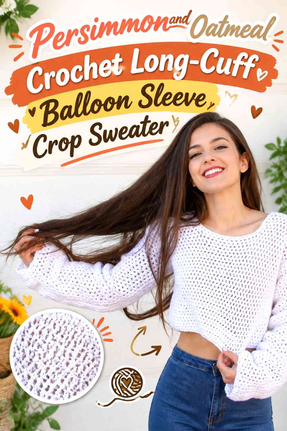 Persimmon and Oatmeal Crochet Long-Cuff Balloon Sleeve Crop Sweater