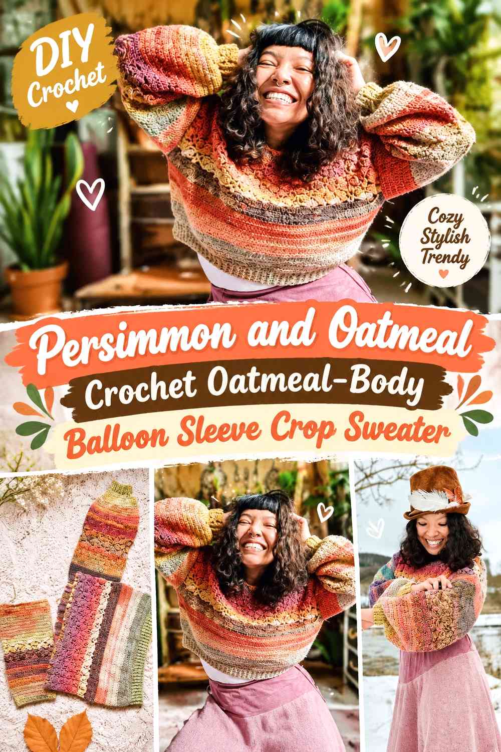 Persimmon and Oatmeal Crochet Oatmeal-Body Balloon Sleeve Crop Sweater