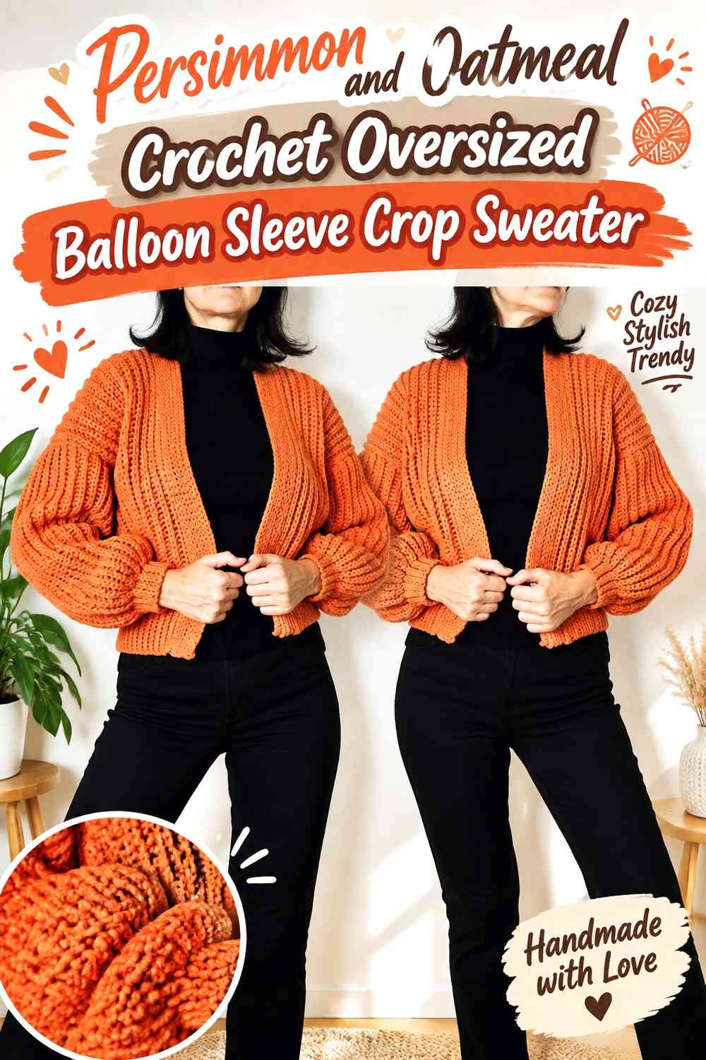 Persimmon and Oatmeal Crochet Oversized Balloon Sleeve Crop Sweater