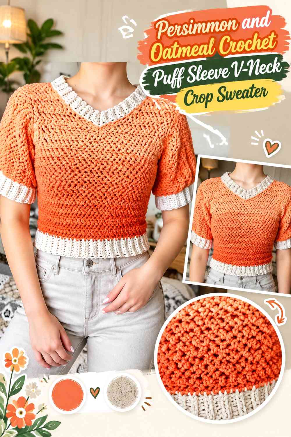Persimmon and Oatmeal Crochet Puff Sleeve V-Neck Crop Sweater