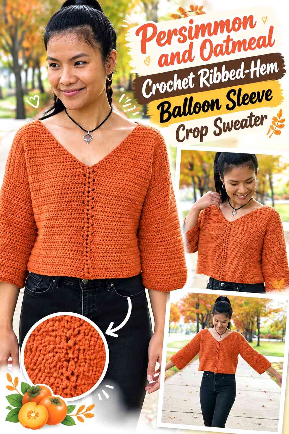 Persimmon and Oatmeal Crochet Ribbed-Hem Balloon Sleeve Crop Sweater