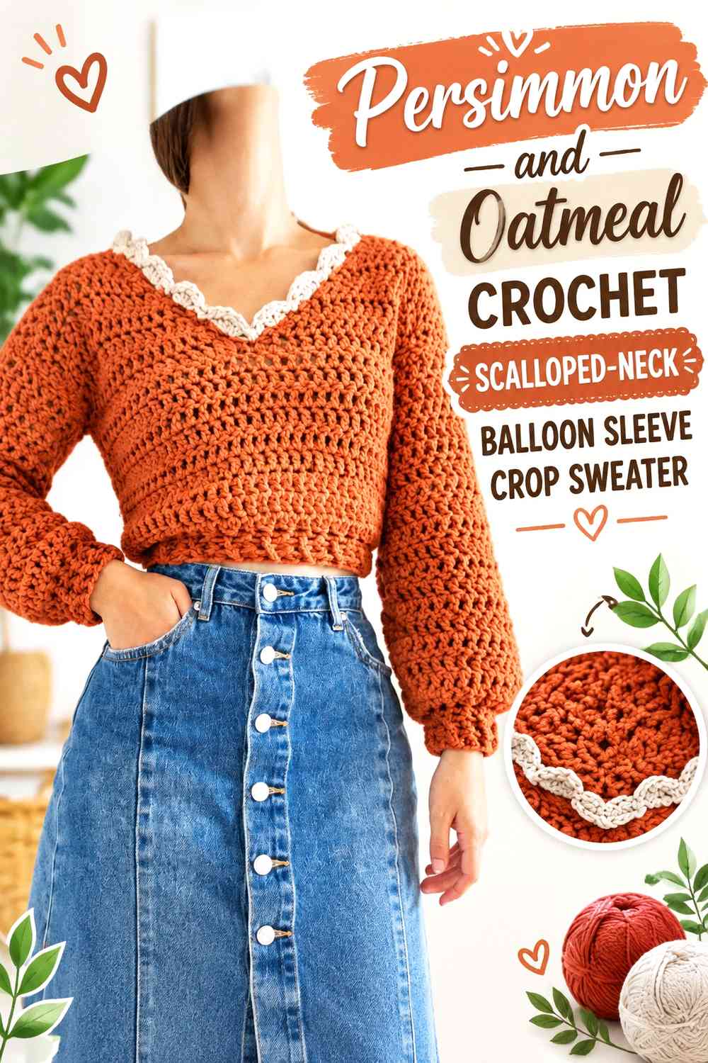 Persimmon and Oatmeal Crochet Scalloped-Neck Balloon Sleeve Crop Sweater