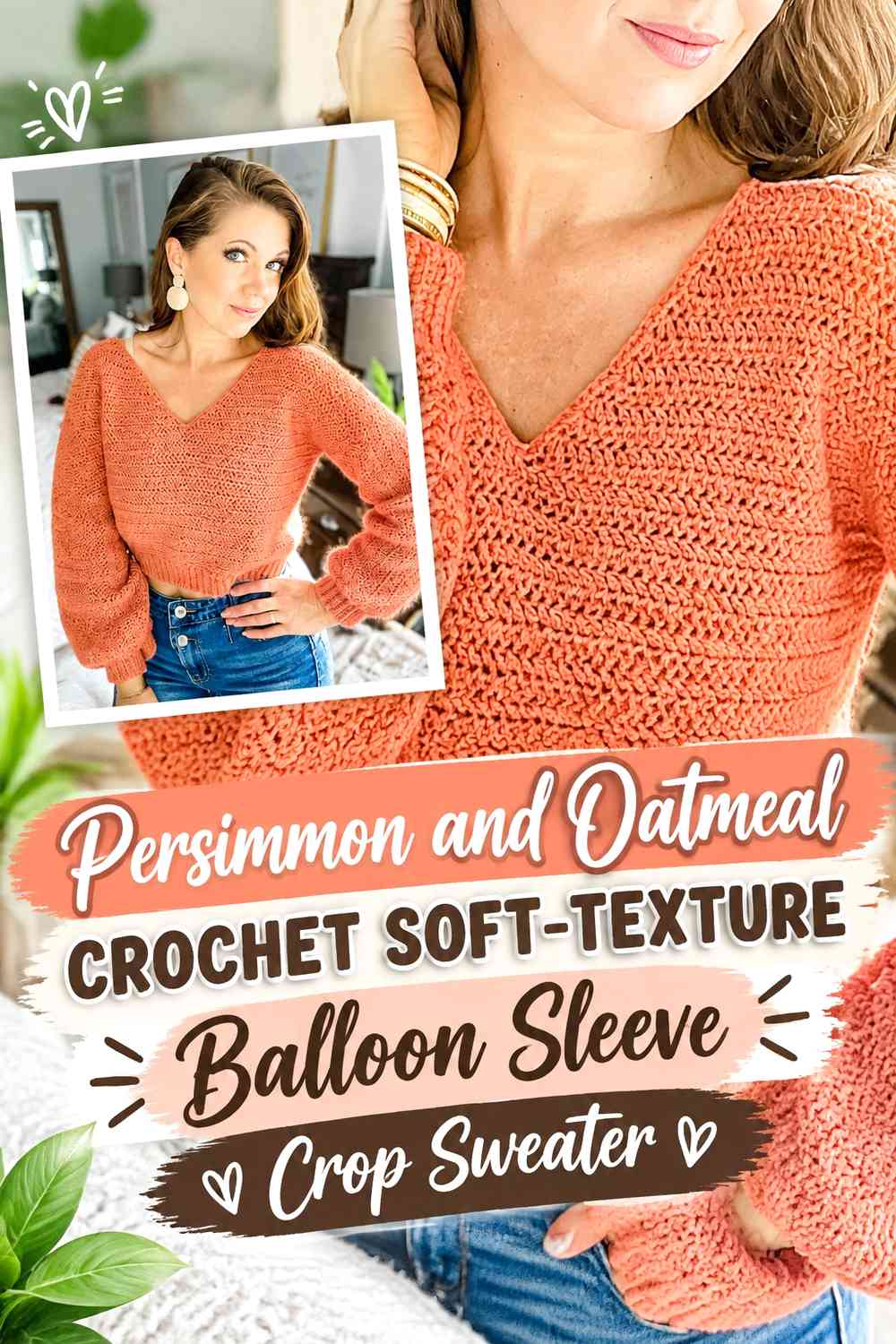 Persimmon and Oatmeal Crochet Soft-Texture Balloon Sleeve Crop Sweater