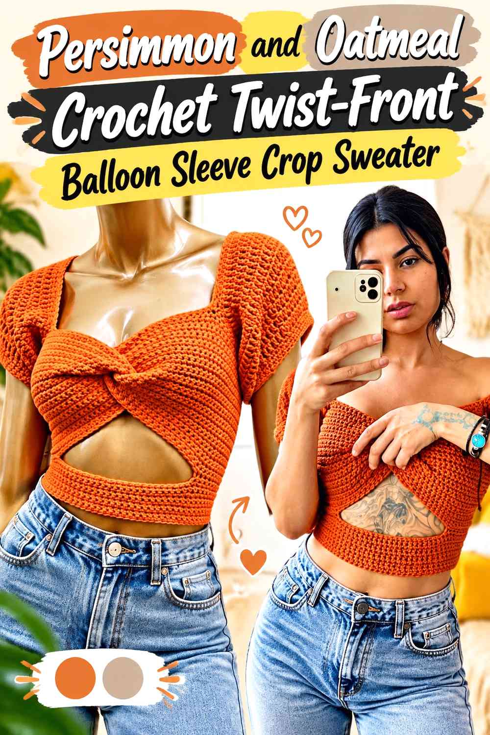 Persimmon and Oatmeal Crochet Twist-Front Balloon Sleeve Crop Sweater