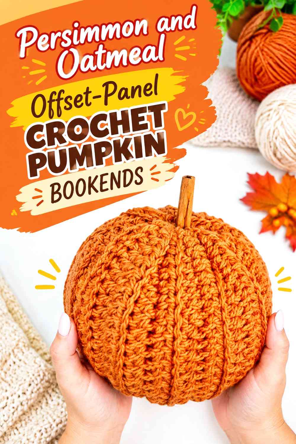 Persimmon and Oatmeal Offset-Panel Crochet Pumpkin Bookends