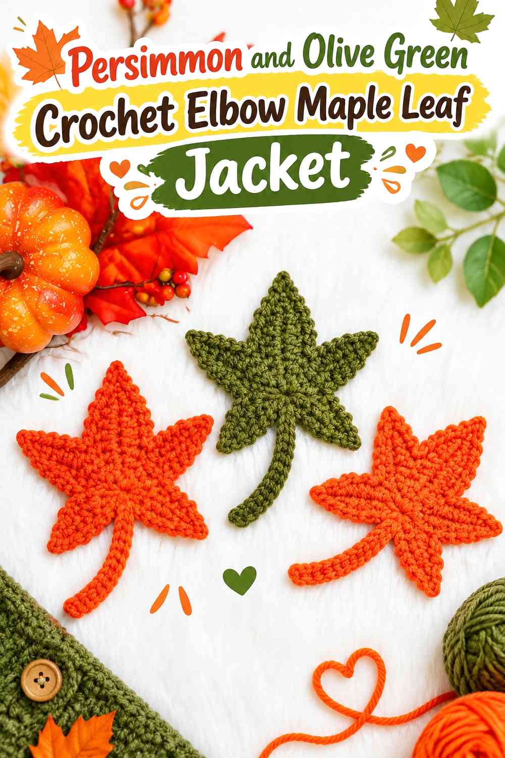 Persimmon and Olive Green Crochet Elbow Maple Leaf Jacket
