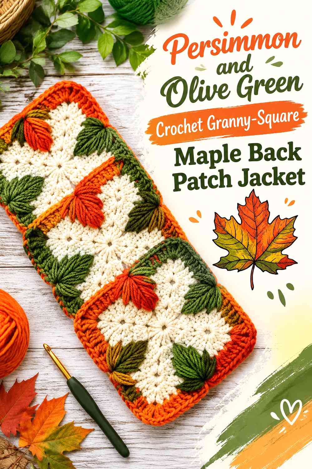 Persimmon and Olive Green Crochet Granny-Square Maple Back Patch Jacket