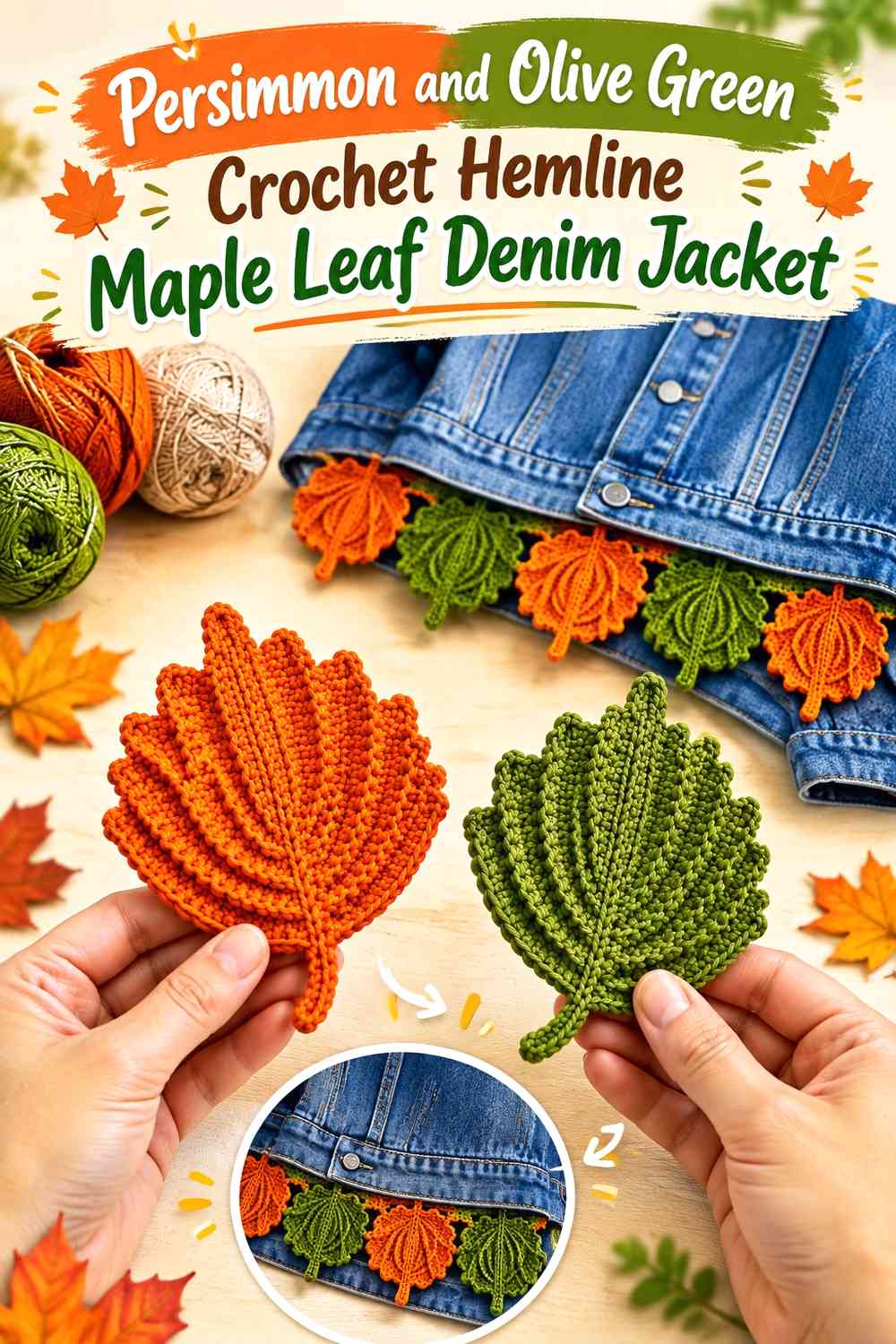 Persimmon and Olive Green Crochet Hemline Maple Leaf Denim Jacket