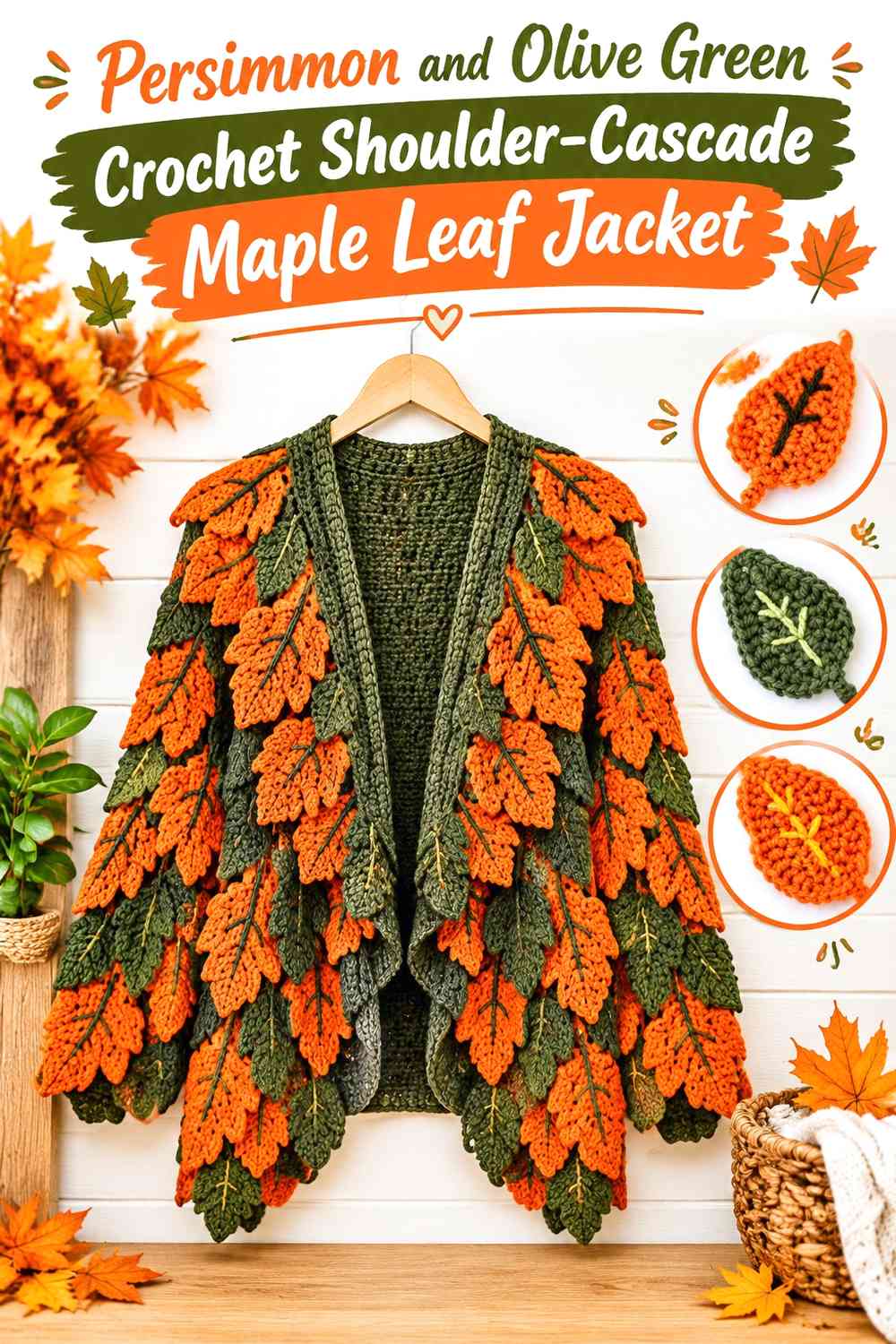 Persimmon and Olive Green Crochet Shoulder-Cascade Maple Leaf Jacket