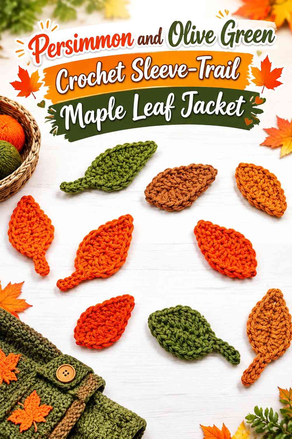 Persimmon and Olive Green Crochet Sleeve-Trail Maple Leaf Jacket
