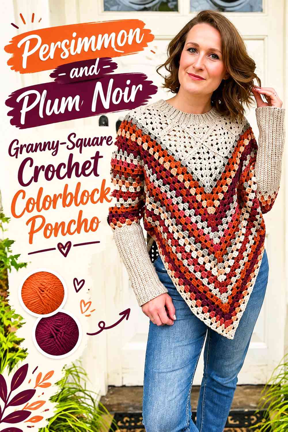 Persimmon and Plum Noir Granny-Square Crochet Colorblock Poncho