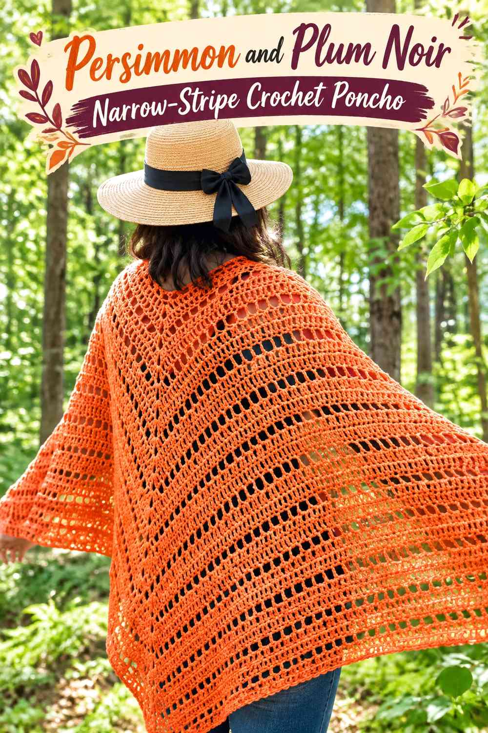 Persimmon and Plum Noir Narrow-Stripe Crochet Poncho