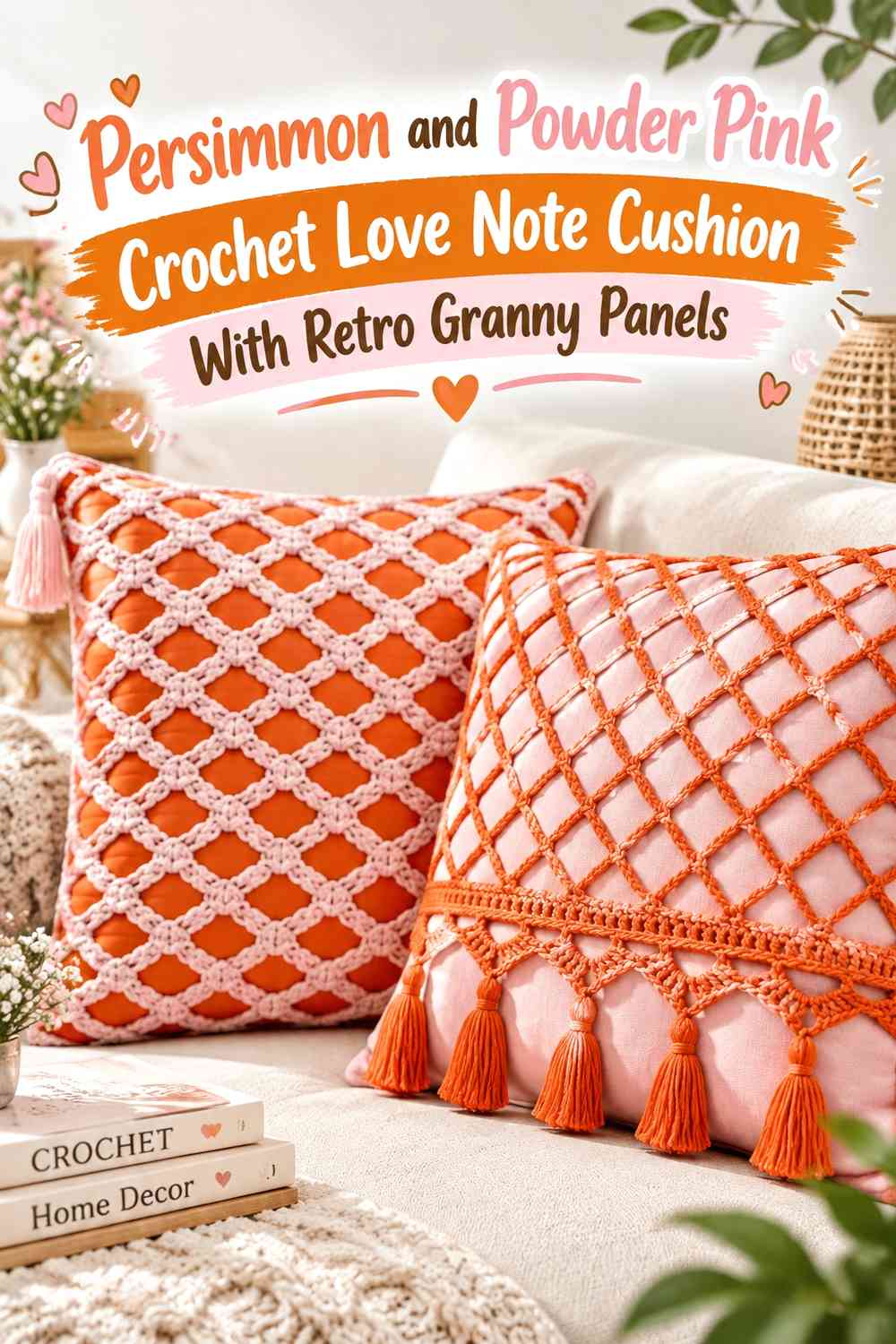 Persimmon and Powder Pink Crochet Love Note Cushion With Retro Granny Panels