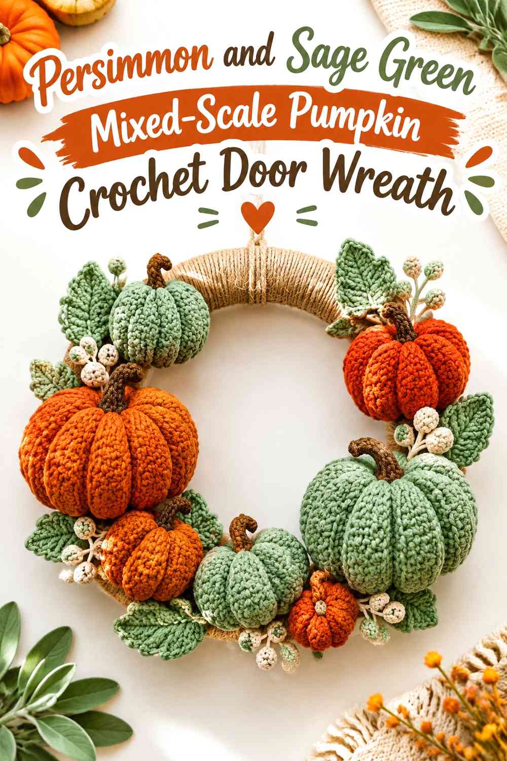 Persimmon and Sage Green Mixed-Scale Pumpkin Crochet Door Wreath