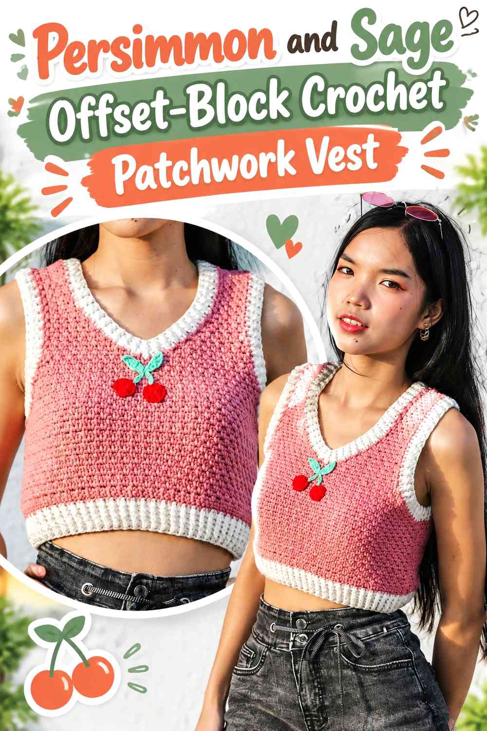 Persimmon and Sage Offset-Block Crochet Patchwork Vest