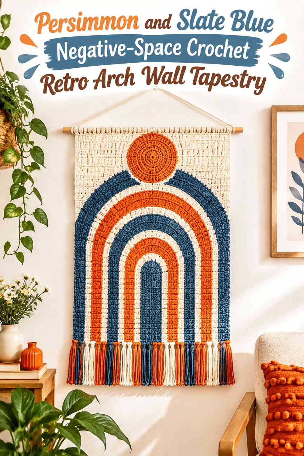 Persimmon and Slate Blue Negative-Space Crochet Retro Arch Wall Tapestry