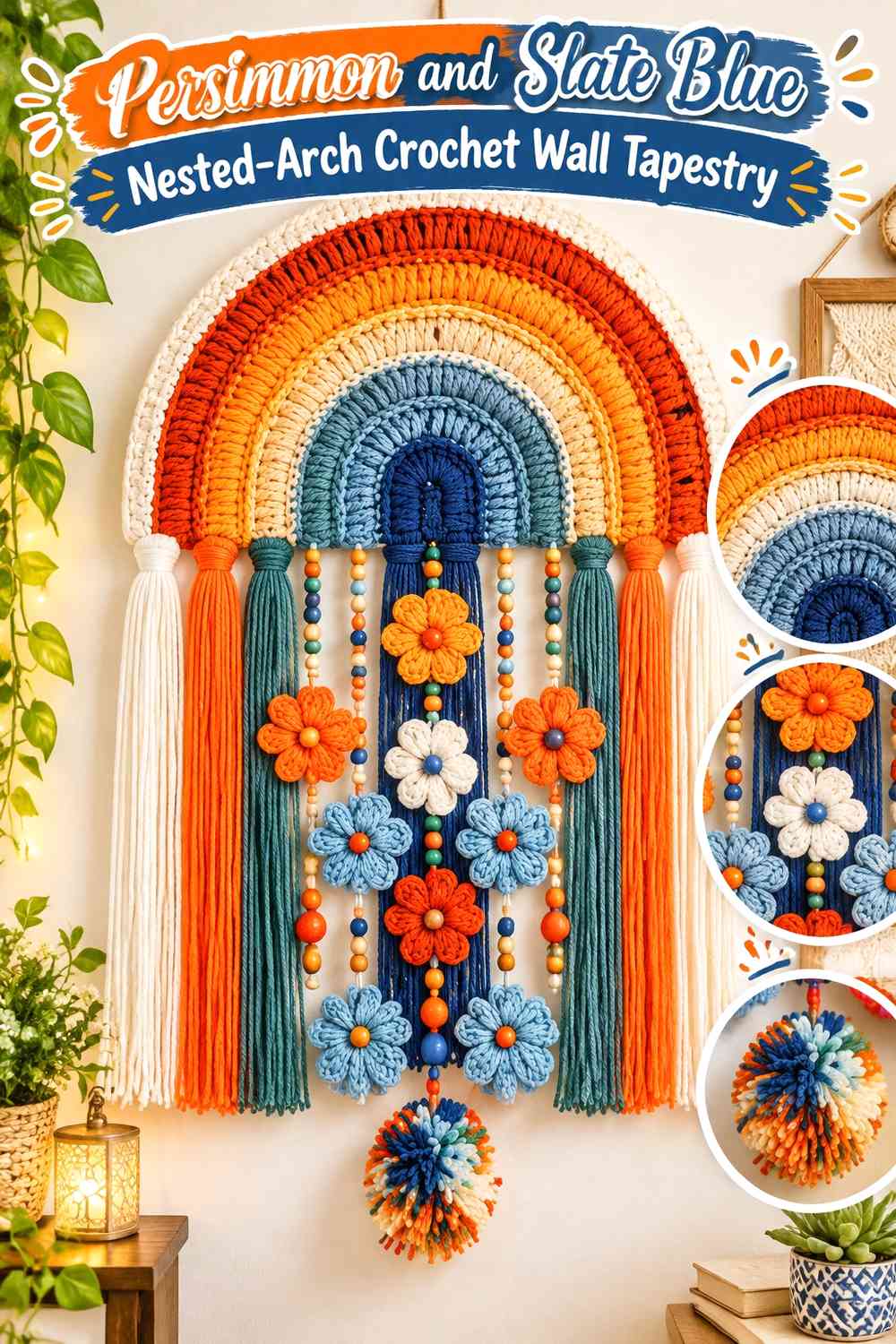 Persimmon and Slate Blue Nested-Arch Crochet Wall Tapestry