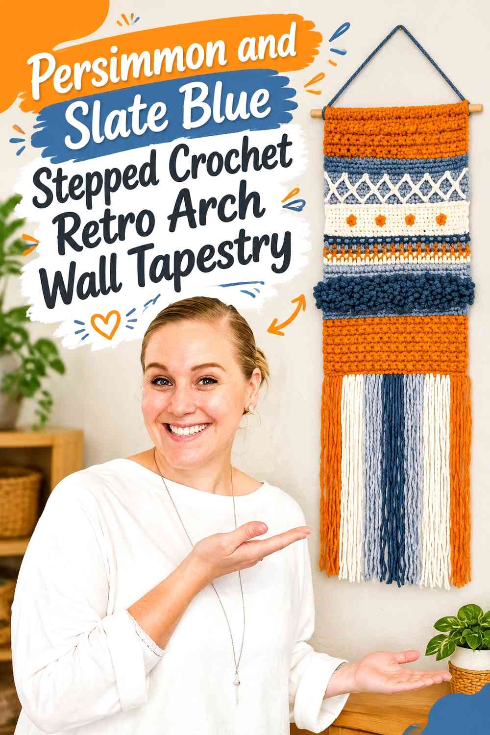 Persimmon and Slate Blue Stepped Crochet Retro Arch Wall Tapestry
