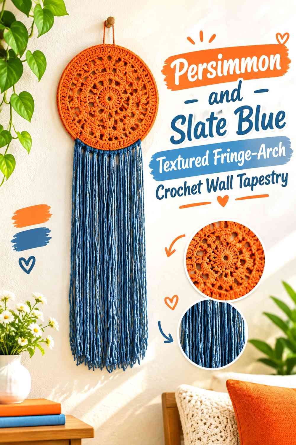 Persimmon and Slate Blue Textured Fringe-Arch Crochet Wall Tapestry