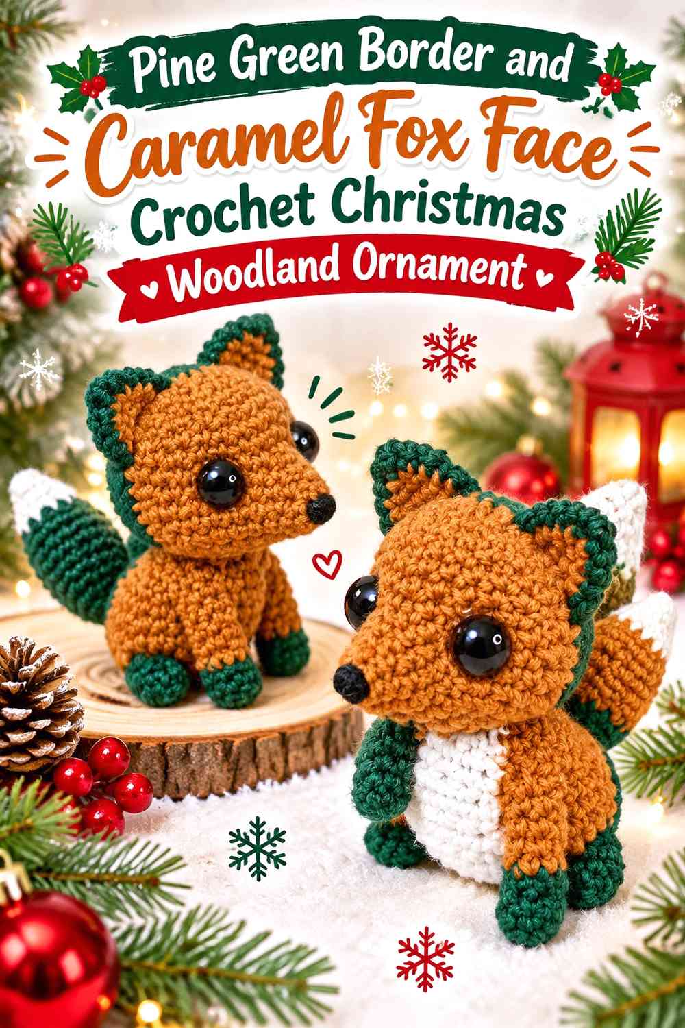 Pine Green Border and Caramel Fox Face Crochet Christmas Woodland Ornament