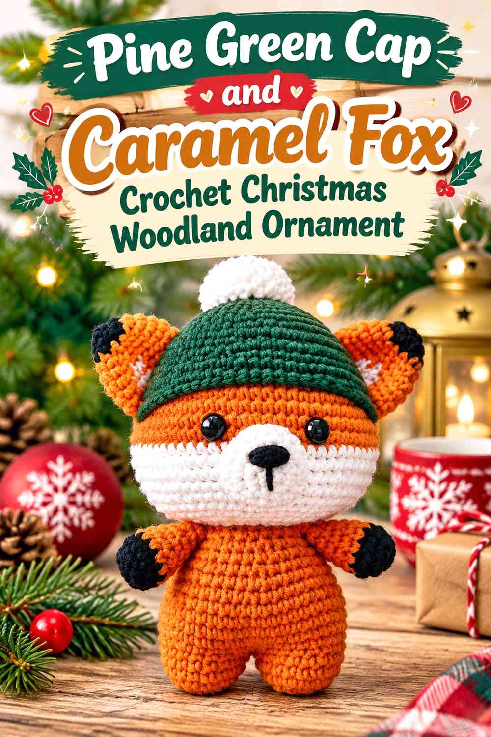 Pine Green Cap and Caramel Fox Crochet Christmas Woodland Ornament