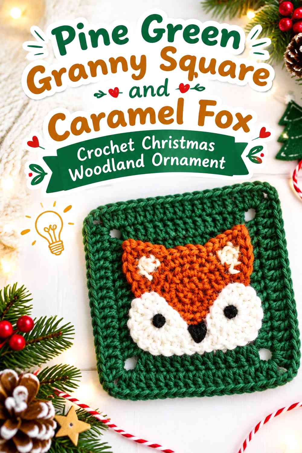 Pine Green Granny Square and Caramel Fox Crochet Christmas Woodland Ornament