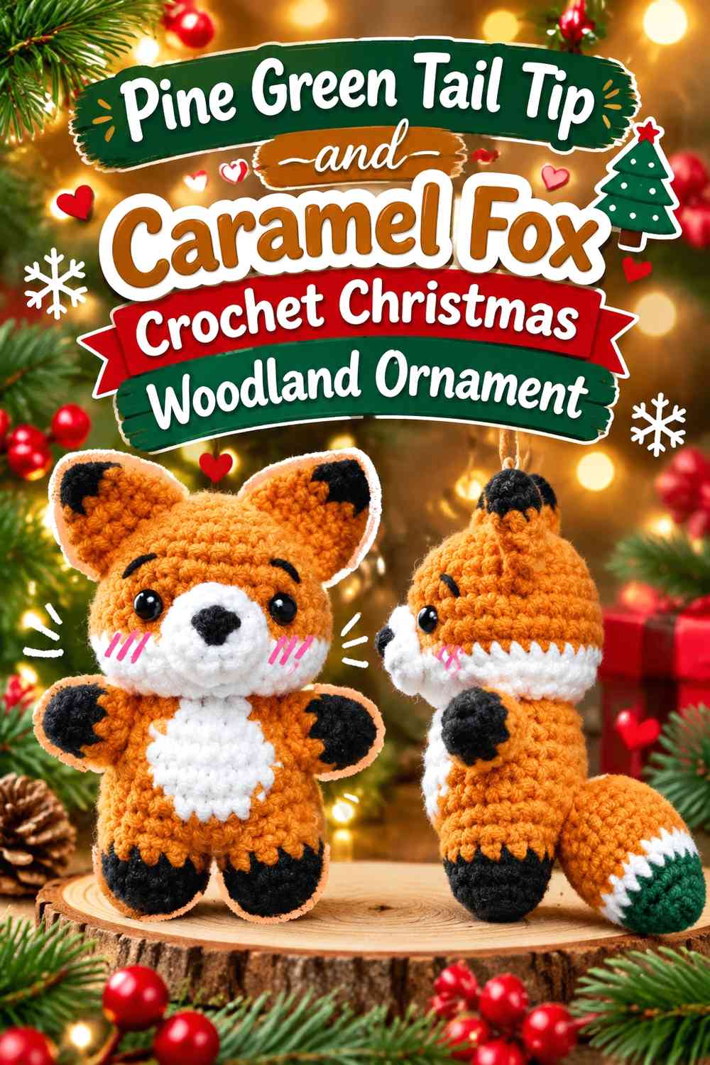 Pine Green Tail Tip and Caramel Fox Crochet Christmas Woodland Ornament